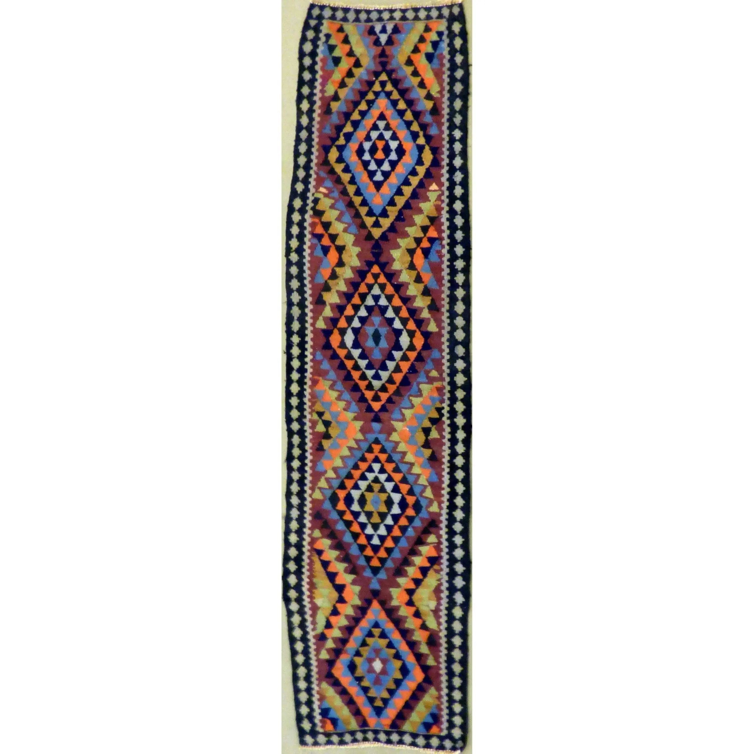 One Of The Kind Authentic Hand-Knotted Sanandaj Vintage Kilim 10'1" X 2'5"